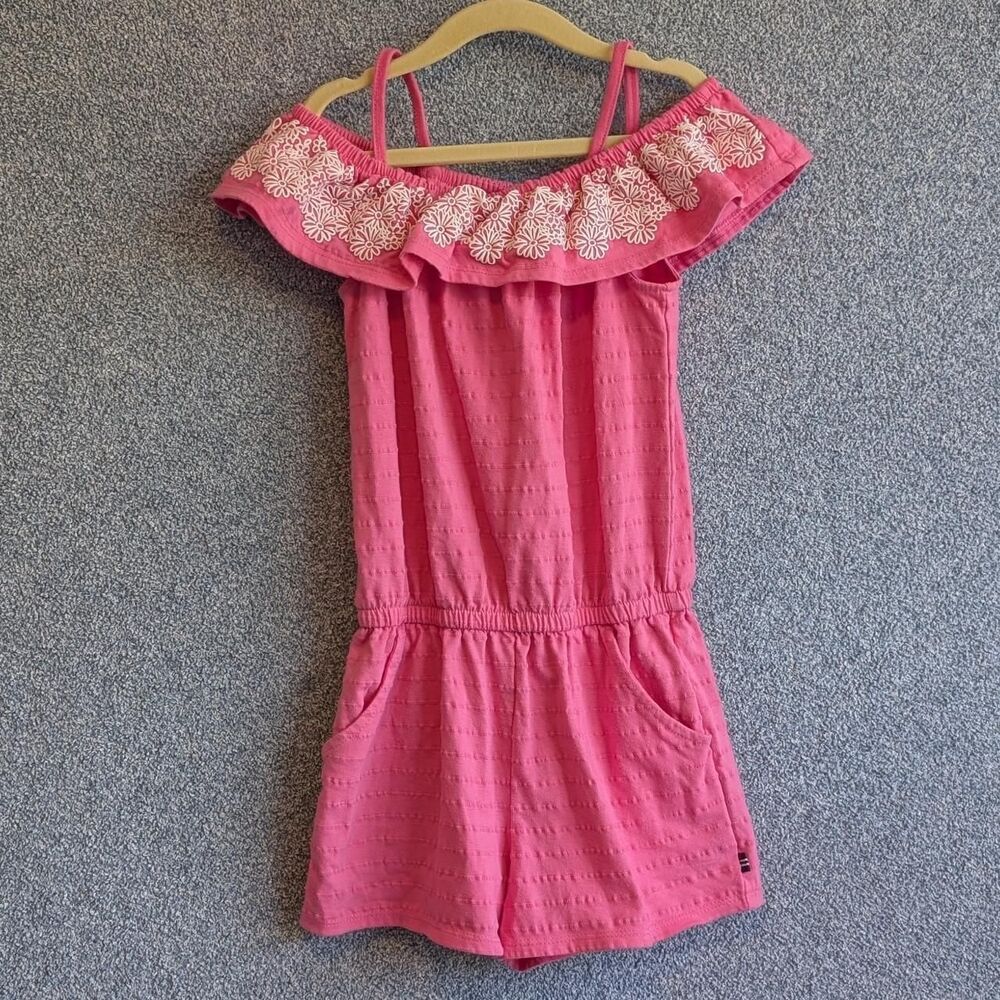 Nautica Girls Size 6X Cold Off The Shoulder White Daisy Embroidered Pink Romper